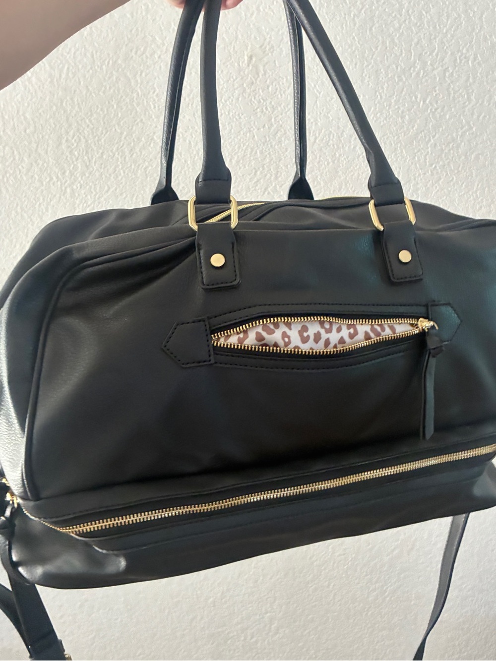 JustFab Black Weekender Duffel Bag Leopard Print Interior Shoe Compartment